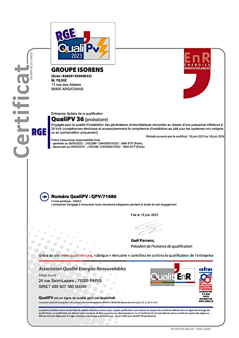 CERTIFICAT QUALIPV RGE | Groupe Isorens Panneaux photovoltaïques à Belfort et Montbéliard Héricourt 2